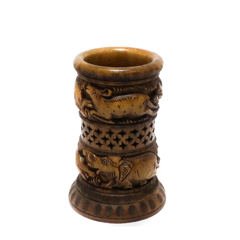 Beautifully Sculpted Wooden Flower Vase with Animal Carvings