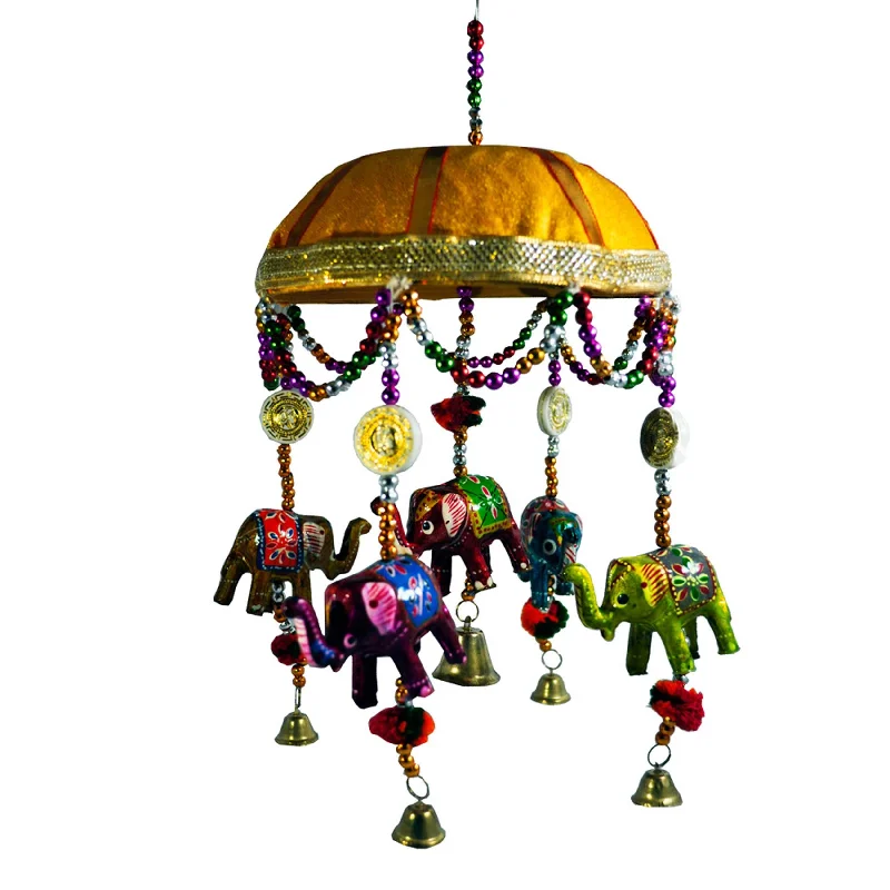 Dome Shaped Wall Hanging with Hanging Elephants – Wooden & Velvet Decor (Sold By 10 PCS)