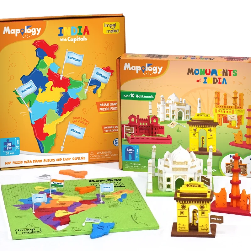 Mapology Ultimate Indian Combo: India with Capitals Map Puzzle & Monument of India Construction Set