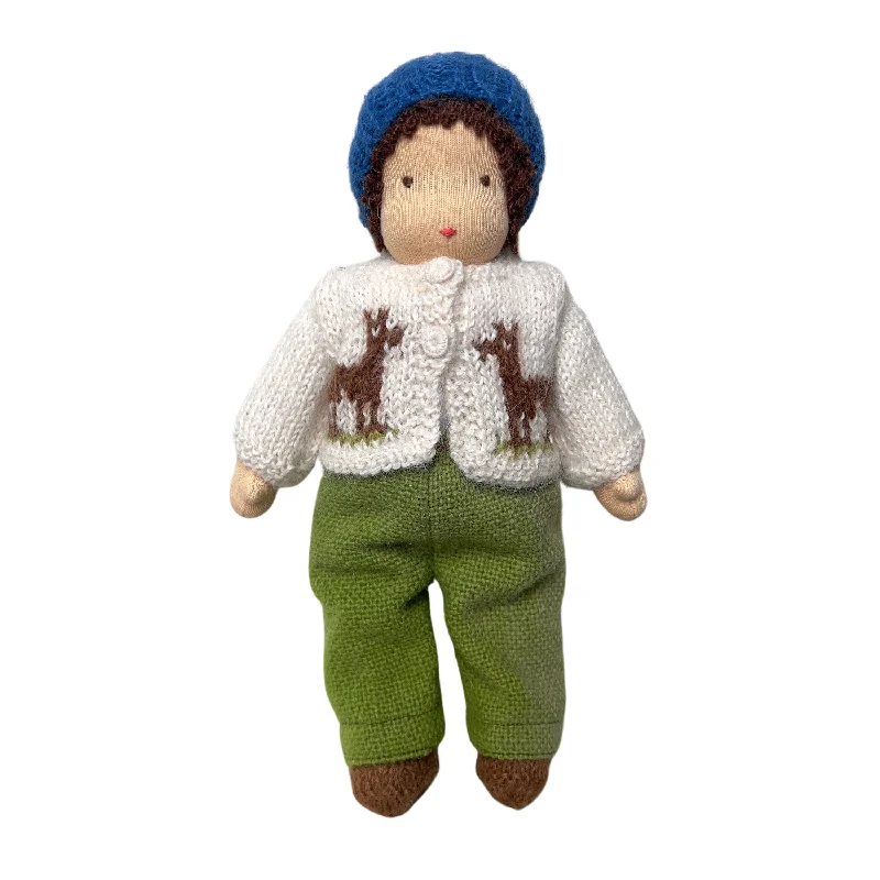 9" Waldorf Boy Doll in Cardigan · Dark Brown Hair