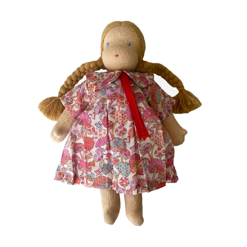 9" Waldorf Doll in Pink Liberty Mushroom Dress · White