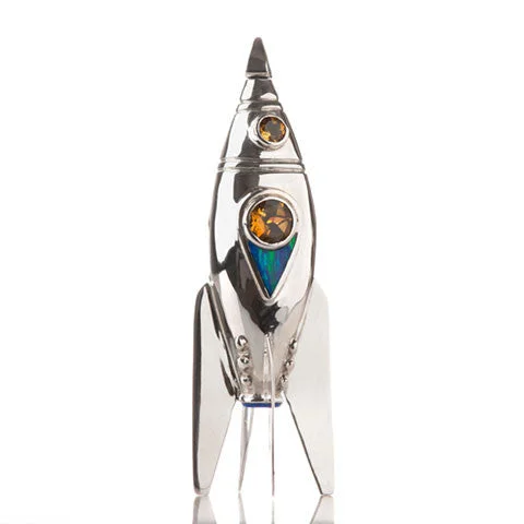 Silver rocket ship pendant with citrine & opal