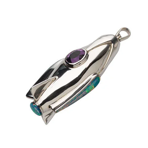 Silver rocket ship pendant with amethyst & opal